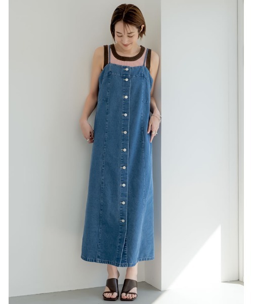 【未使用級】Reneデニムワンピース　フロントジップ　ノースリーブ　ネイビー　M 未使用級】ルネ デニムワンピース フロントジップ ノースリーブ