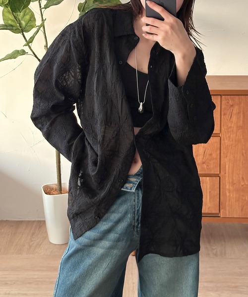 ブラウス シャツ flower sheer oversized shirt / 花柄シアーオーバーサイズシャツ レディース MUHET ブラウス シャツ flower sheer oversized shirt / 花柄