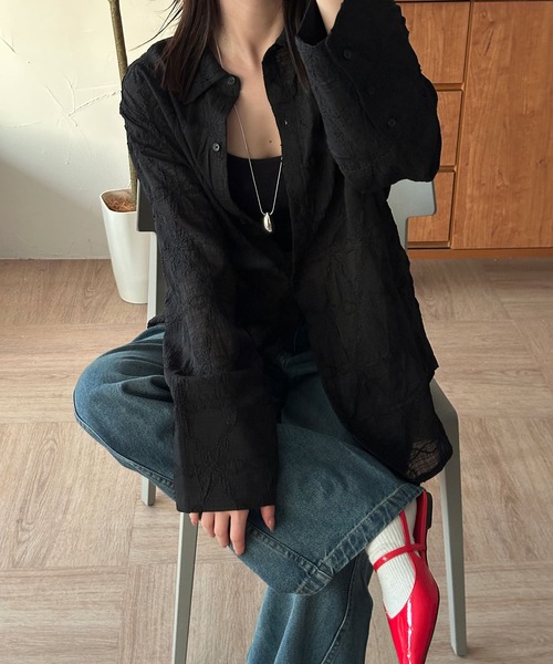 ブラウス シャツ flower sheer oversized shirt / 花柄シアーオーバーサイズシャツ レディース MUHET ブラウス シャツ flower sheer oversized shirt / 花柄