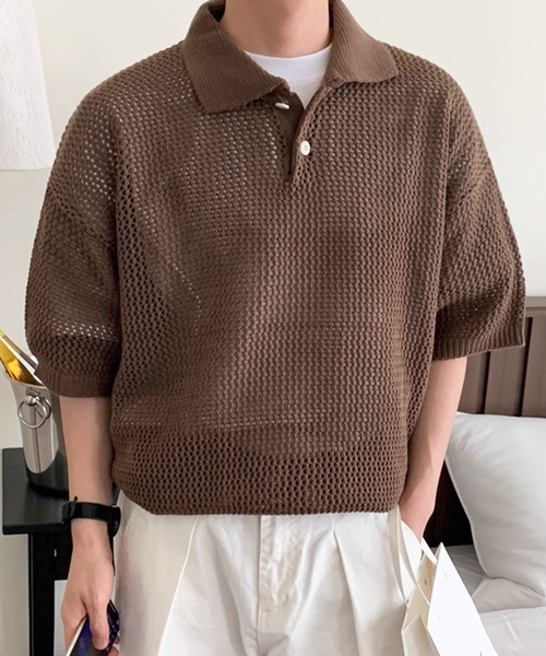 [メンズ ニットポロシャツ 透かし編み 3色] ★0399★ NOWLE ポロシャツ 「NOWLE」透かし編み メッシュ ポロ ニット