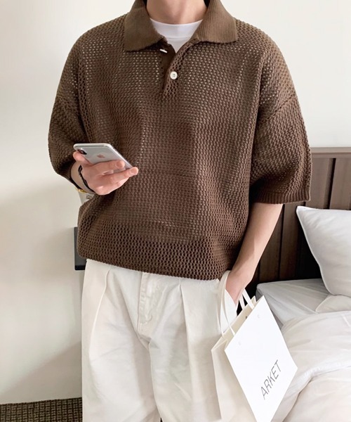 NOWLE ポロシャツ 「NOWLE」透かし編み メッシュ ポロ ニット