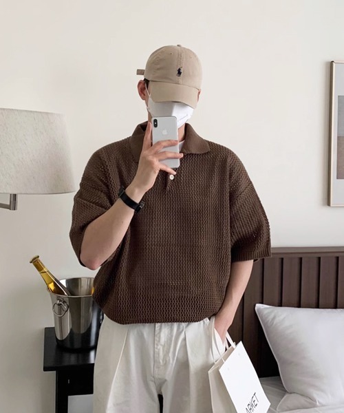 NOWLE ポロシャツ 「NOWLE」透かし編み メッシュ ポロ ニット