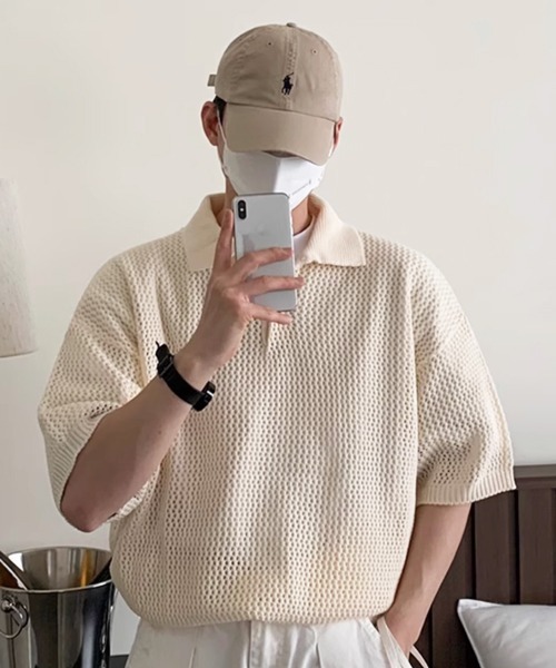 AURILEE メッシュ編みポロシャツ 半袖 クリーム色 NOWLE ポロシャツ 「NOWLE」透かし編み メッシュ ポロ ニット