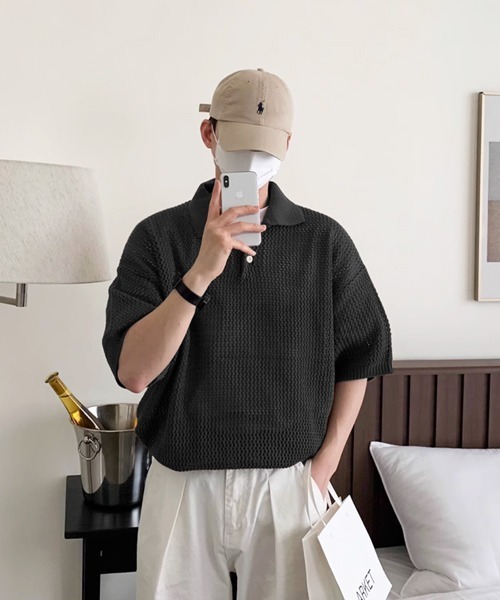 メッシュ編み ライトグリーン ポロシャツ M MAISON KITSUNE メゾンキツネ ポロシャツ GM00224KJ7002