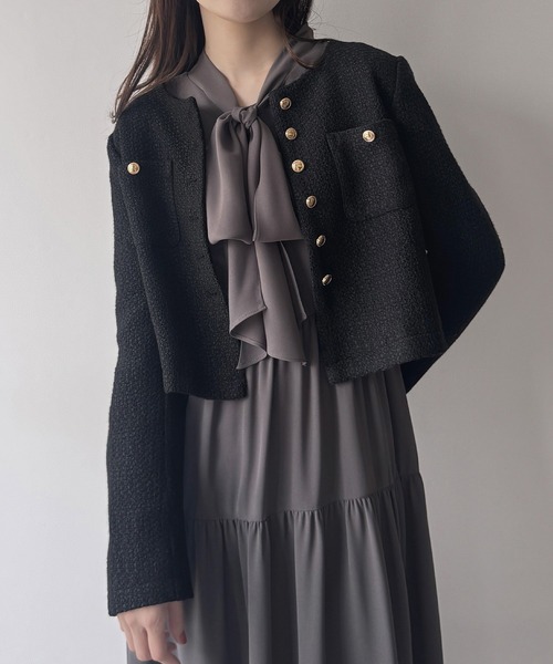 mipiarl ジャケット ノーカラージャケット 金釦ツイードノーカラー