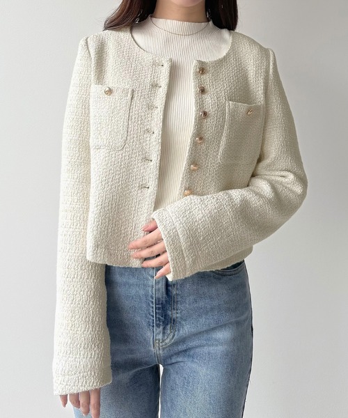 mipiarl ジャケット ノーカラージャケット 金釦ツイードノーカラー