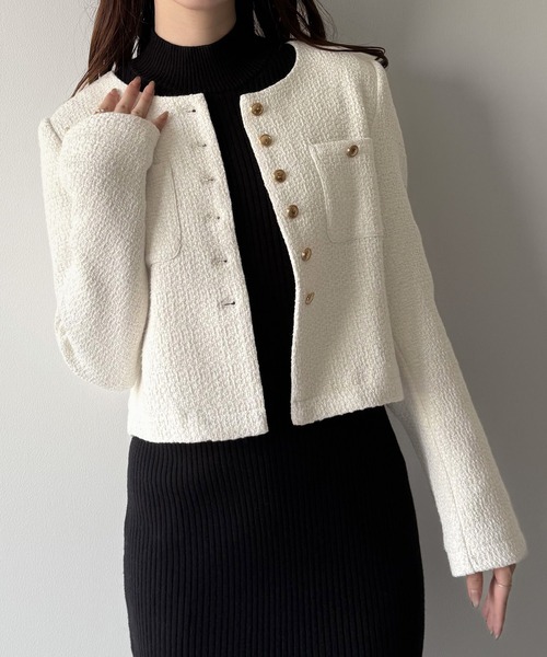 ファビアナフィリッピ ツイード ノーカラージャケット モニーレ レザー mipiarl ジャケット ノーカラージャケット 金釦ツイードノーカラー