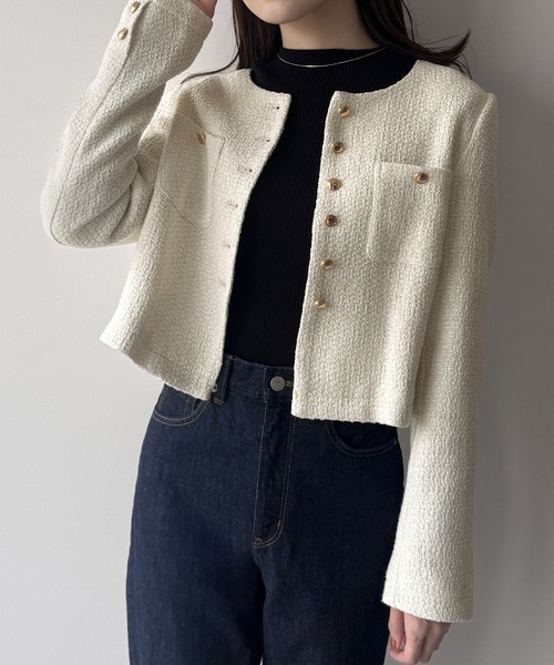 mipiarl ジャケット ノーカラージャケット 金釦ツイードノーカラー
