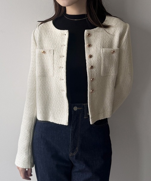 mipiarl ジャケット ノーカラージャケット 金釦ツイードノーカラー