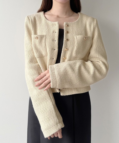 mipiarl ジャケット ノーカラージャケット 金釦ツイードノーカラー