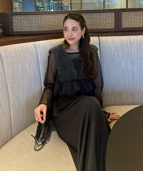 オケージョン　ボリュームチュールペプラムドレス　チャコール ANDRESD ドレス ボリュームチュールペプラムドレス / volume tulle