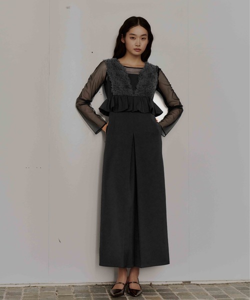 オケージョン　ボリュームチュールペプラムドレス　チャコール ANDRESD ドレス ボリュームチュールペプラムドレス / volume tulle