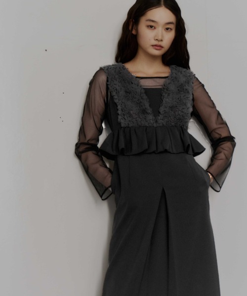 オケージョン　ボリュームチュールペプラムドレス　チャコール ANDRESD ドレス ボリュームチュールペプラムドレス / volume tulle