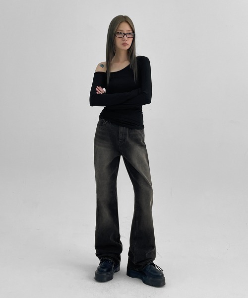 「BLACKUP」 加工ブーツカットデニムパンツ LARGE ブラック レディース