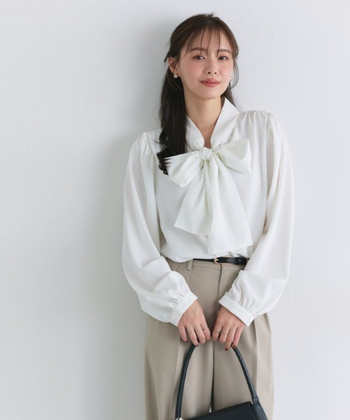 美品♡︎FRAMeWORK ローンリボンギャザーブラウス 美品】FRAMe WORK リネン100% リボン ギャザーブラウス水色 【公式通販】