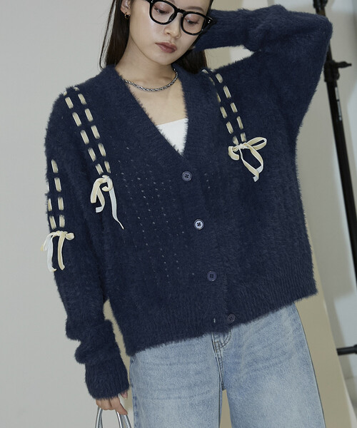 PUBLUX（パブリュクス） カーディガン ベロア リボン 編み込みフェザー
