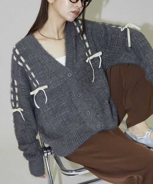 PUBLUX（パブリュクス） カーディガン ベロア リボン 編み込みフェザー