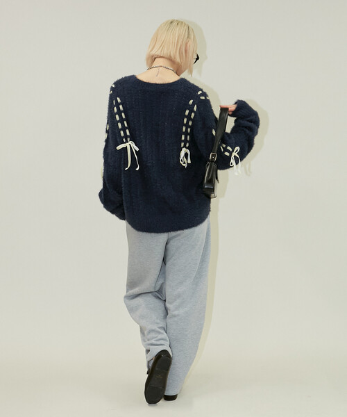 Lui jewelry リブ編み ブラック カーディガン PUBLUX（パブリュクス） カーディガン ベロア リボン 編み込みフェザー