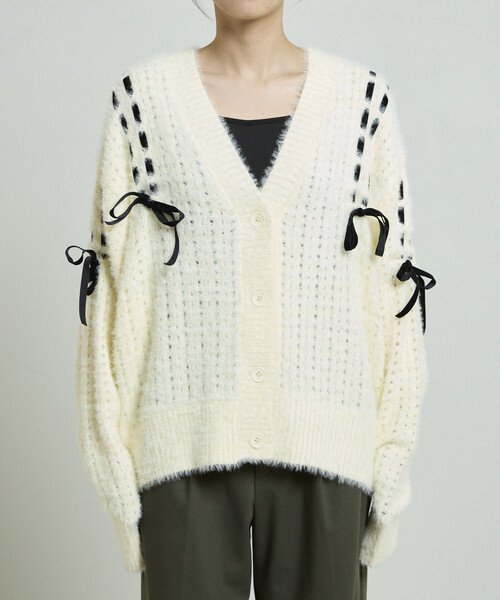 PUBLUX（パブリュクス） カーディガン ベロア リボン 編み込みフェザー