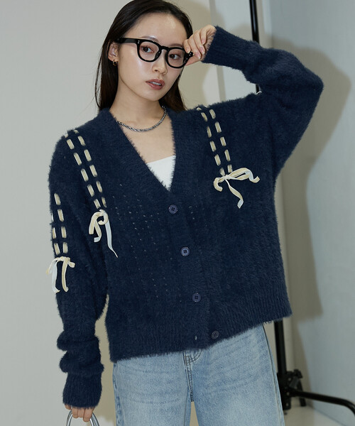 アルベロベロ モチーフカーディガン PUBLUX（パブリュクス） カーディガン ベロア リボン 編み込みフェザー