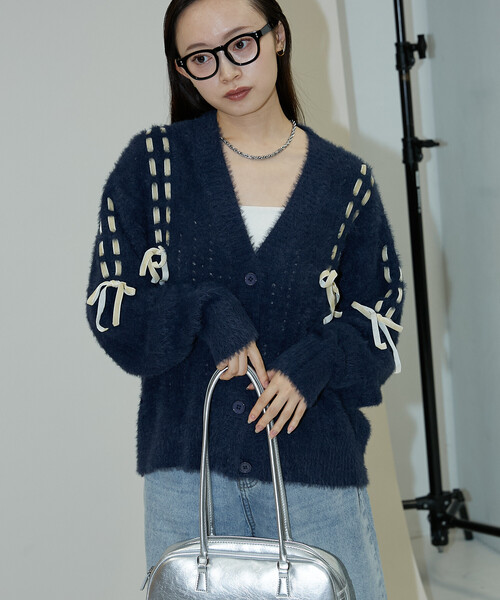 PUBLUX（パブリュクス） カーディガン ベロア リボン 編み込みフェザー