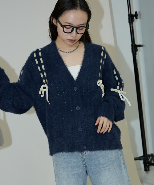 PUBLUX（パブリュクス） カーディガン ベロア リボン 編み込みフェザー