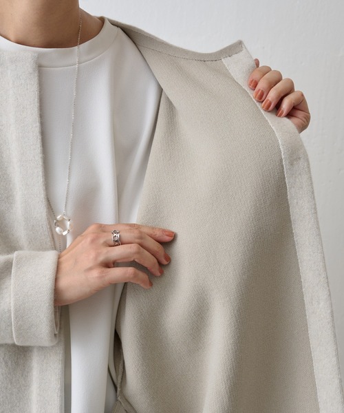 美品 24AW◎ビアズリー 洗えるニットコート ノーカラー オフホワイト 定価3.52万 ビアズリー ニットコート ホワイト 洗えるコート ノー