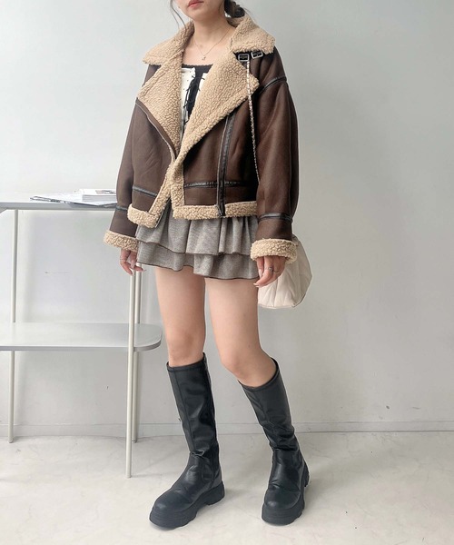 美品✨ダブルレザーライダース　本革　ムートンボア　ブラウン　50 短丈 AS KNOW AS（アズノゥアズ） レザージャケット ライダース裏ボア