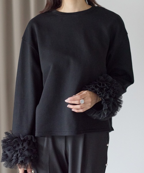 Neige（ネージュ） トレーナー スウェット 袖チュールフリルスウェット