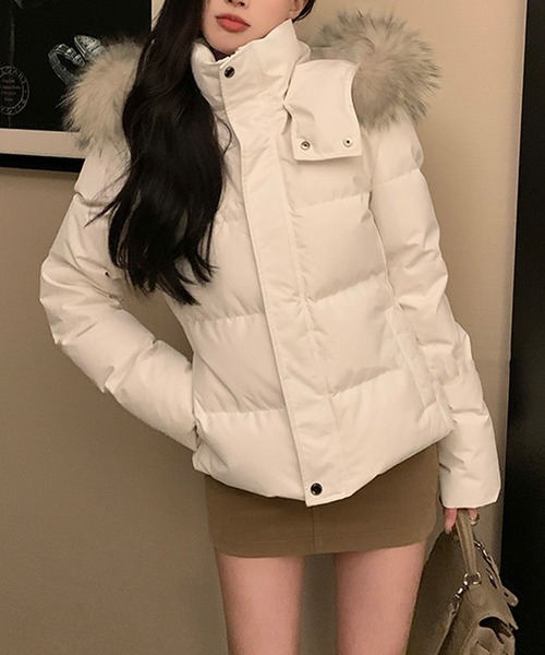 GIENGE ファージャケット ホワイト ダウンジャケット Songe ダウンコート ダウンジャケット フェイクファーフード付き中綿