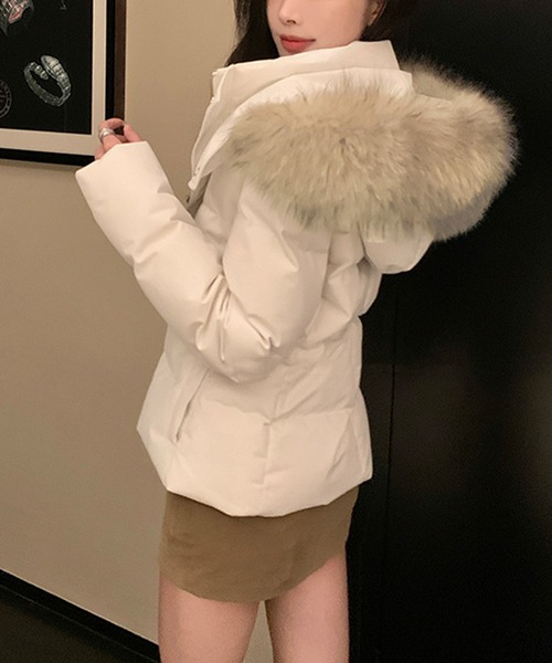 GIENGE ファージャケット ホワイト ダウンジャケット Songe ダウンコート ダウンジャケット フェイクファーフード付き中綿