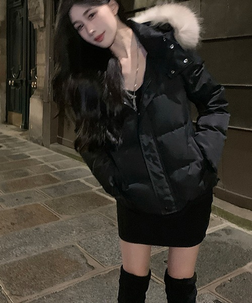 Songe ダウンコート ダウンジャケット フェイクファーフード付き中綿