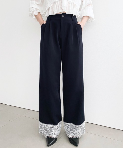 ワイドパンツ パンツ 裾レースツータックセミワイドスラックスパンツ レディース | moment+ | 06