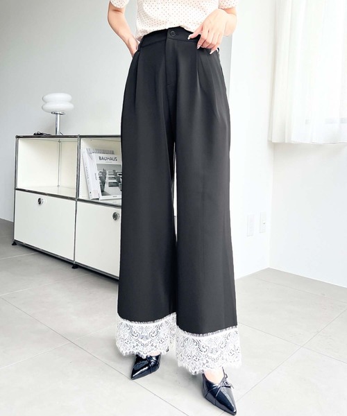 ワイドパンツ パンツ 裾レースツータックセミワイドスラックスパンツ レディース | moment+ | 03