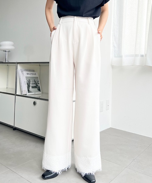 ワイドパンツ パンツ 裾レースツータックセミワイドスラックスパンツ レディース | moment+ | 07