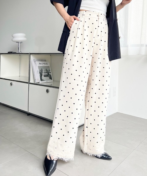 ワイドパンツ パンツ 裾レースツータックセミワイドスラックスパンツ レディース | moment+ | 12