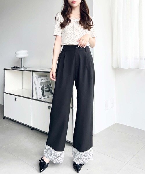 ワイドパンツ パンツ 裾レースツータックセミワイドスラックスパンツ レディース | moment+ | 26