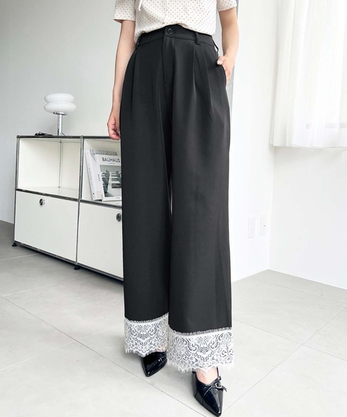 ワイドパンツ パンツ 裾レースツータックセミワイドスラックスパンツ レディース | moment+ | 24
