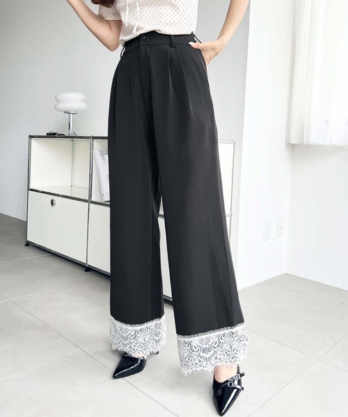 ワイドパンツ パンツ 裾レースツータックセミワイドスラックスパンツ レディース | moment+ | 22