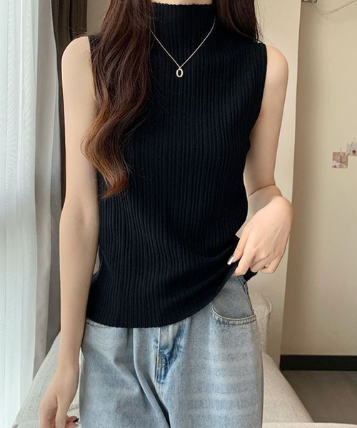 boemy tシャツ モックネック ノースリーブリブサマーニット レディース
