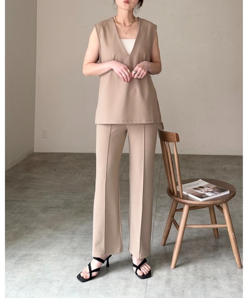 ノースリーブ　ポロシャツ　巻きスカート　パンツ　セットアップ　春夏　サイズM She's Closet セットアップ ノーカラー深vネックベスト＆パンツ