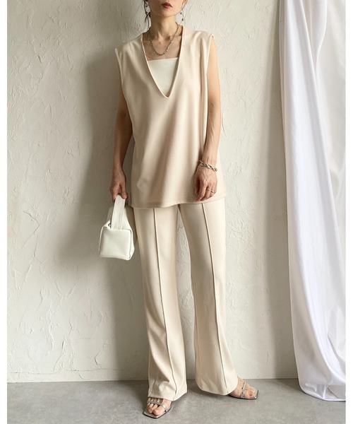 She's Closet セットアップ ノーカラー深vネックベスト＆パンツ