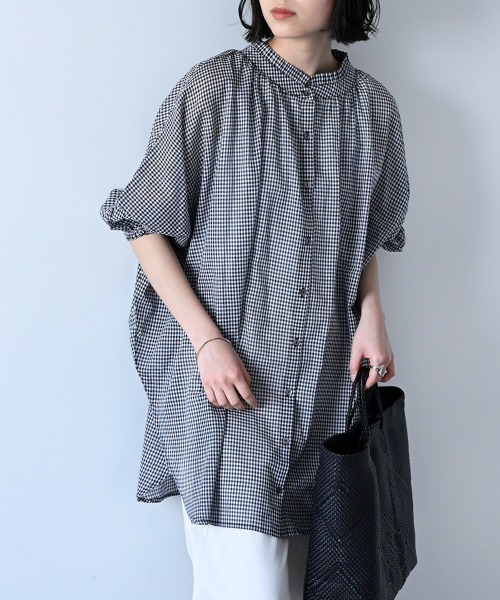 チュニック Made in india チェック+ストライプ 2WAYネックフリルチュニック