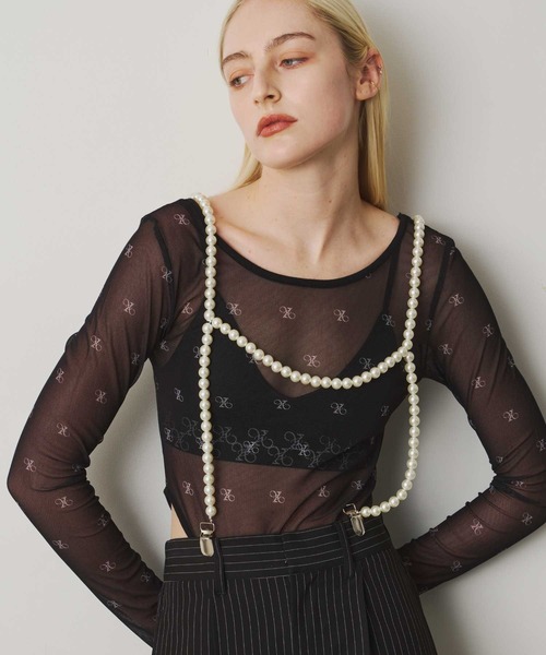 【関税込み】Ambush ブラック モノグラム ボディスーツ VIOLETTA モノグラム柄シアーボディスーツ レディース