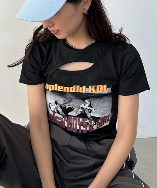 CLEA tシャツ ロックプリントカットアウト半袖チビT レディース
