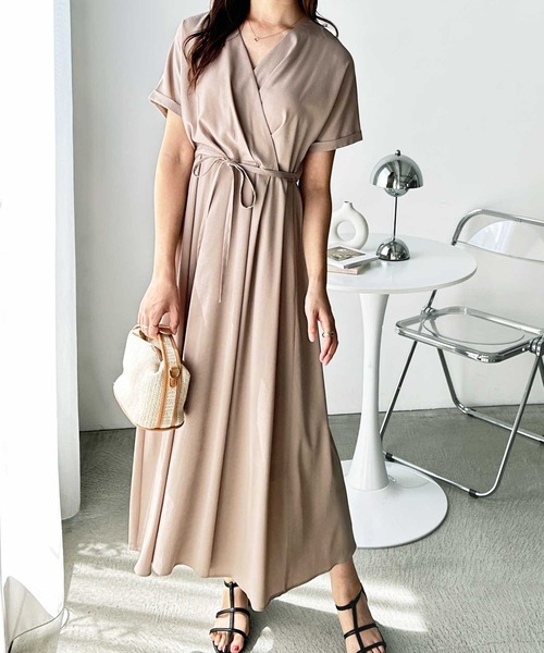 人気✨　エストネーション カシュクールワンピース リボン フレア ベージュ М 人気✨ エストネーション カシュクールワンピース リボン フレア