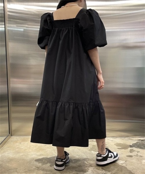 handmadeアンダースカート付ワンピースfree五分袖 FREE STYLISTS ワンピース 半袖 スクエアネック ティアードワンピース