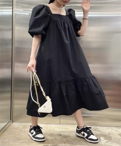 FREE STYLISTS ワンピース 半袖 スクエアネック ティアードワンピース