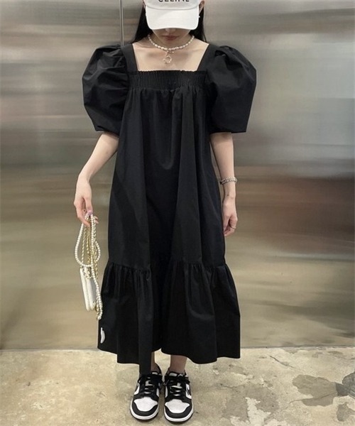 FREE STYLISTS ワンピース 半袖 スクエアネック ティアードワンピース