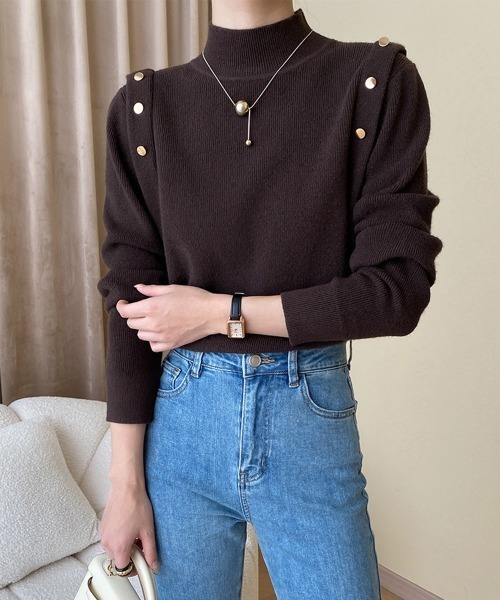 メタルボタンニットトップスプチハイネック miniministore ニット セーター メタルボタンニットトップスプチ
